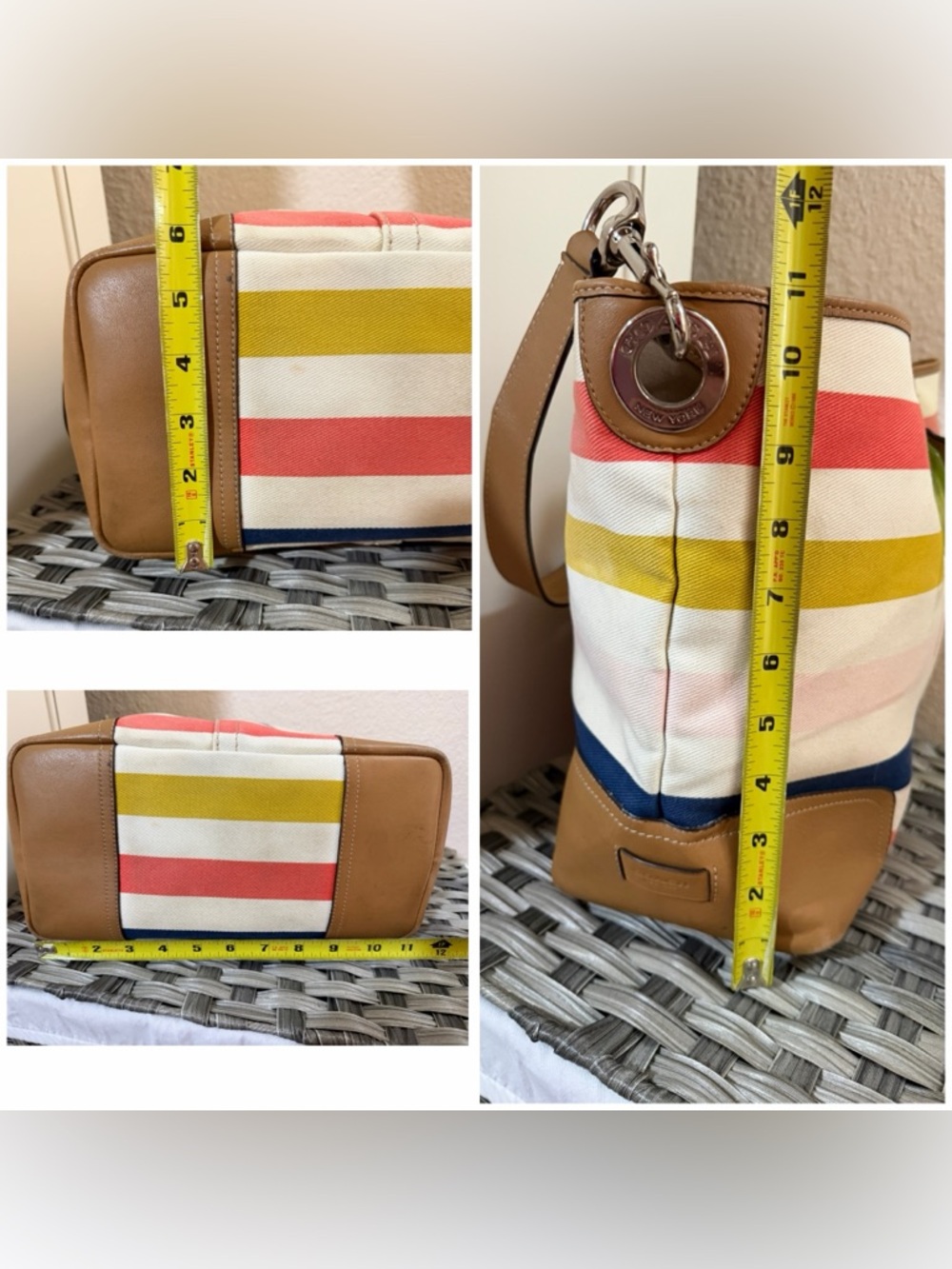 Coach Striped Canvas Tote in Coral, Mustard, Navy & Pink with Tan Leather F30041 - Picture 15 of 16